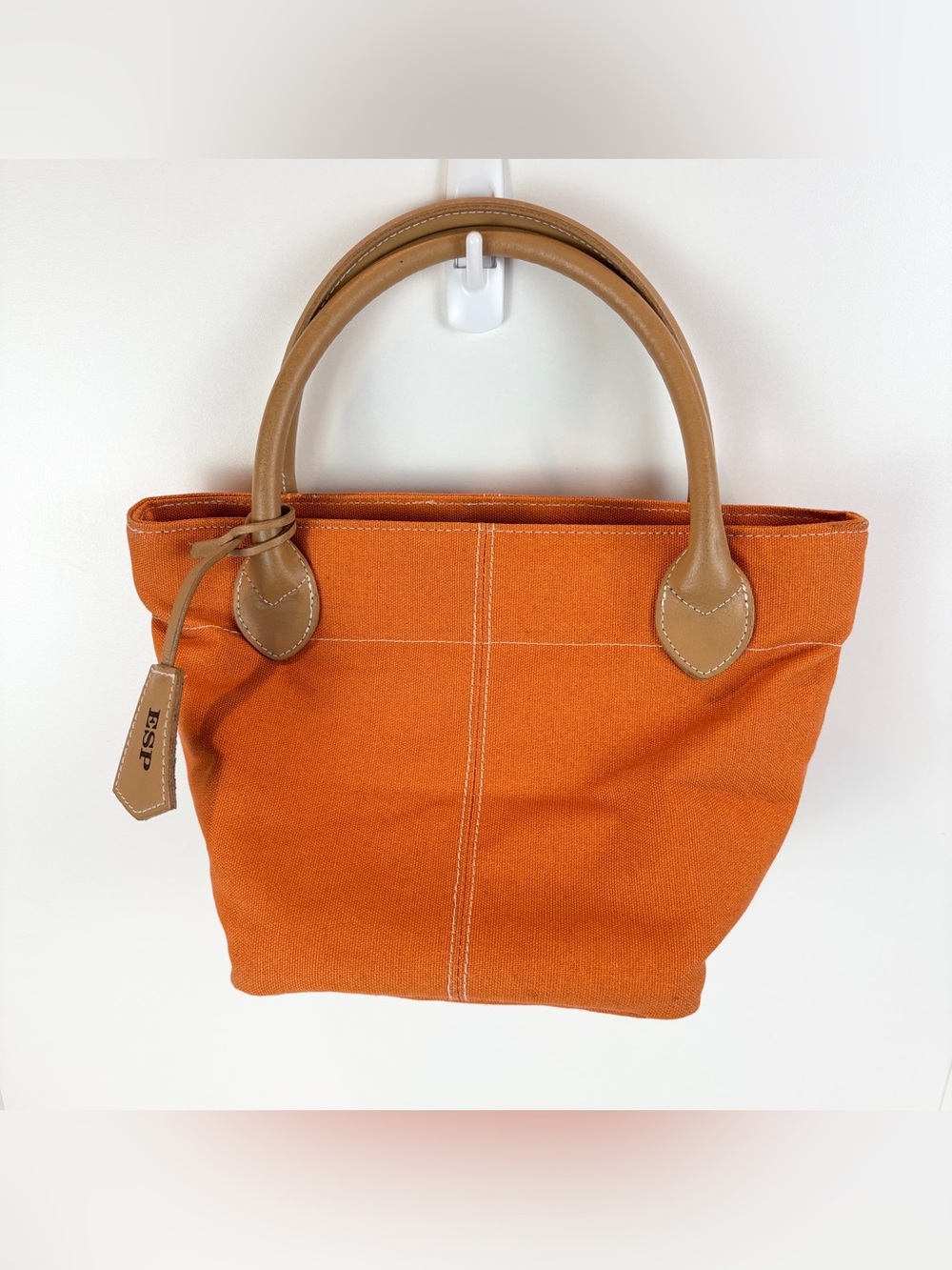 Lillian Vernon Mini Canvas Tote Bag Leather Handles Monogram Tag ESP Orange Cute